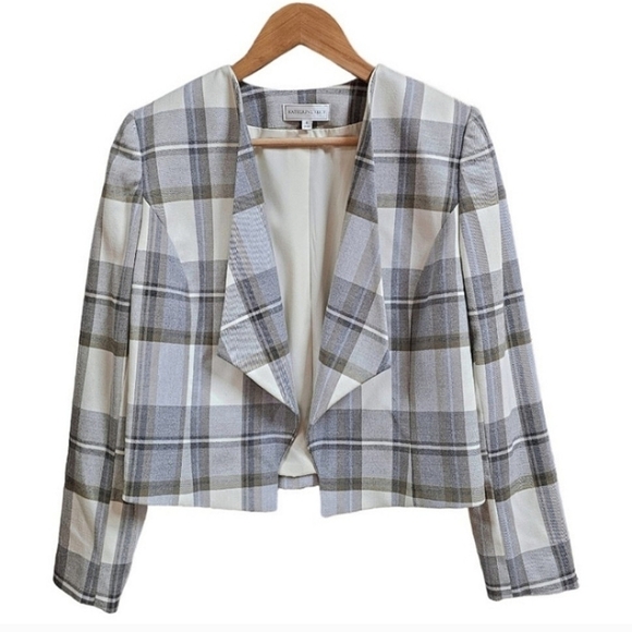 Katherine Kelly Plaid Neutral Crop Open Front Professional Blazer Jacket Size 6 - Picture 2 of 12